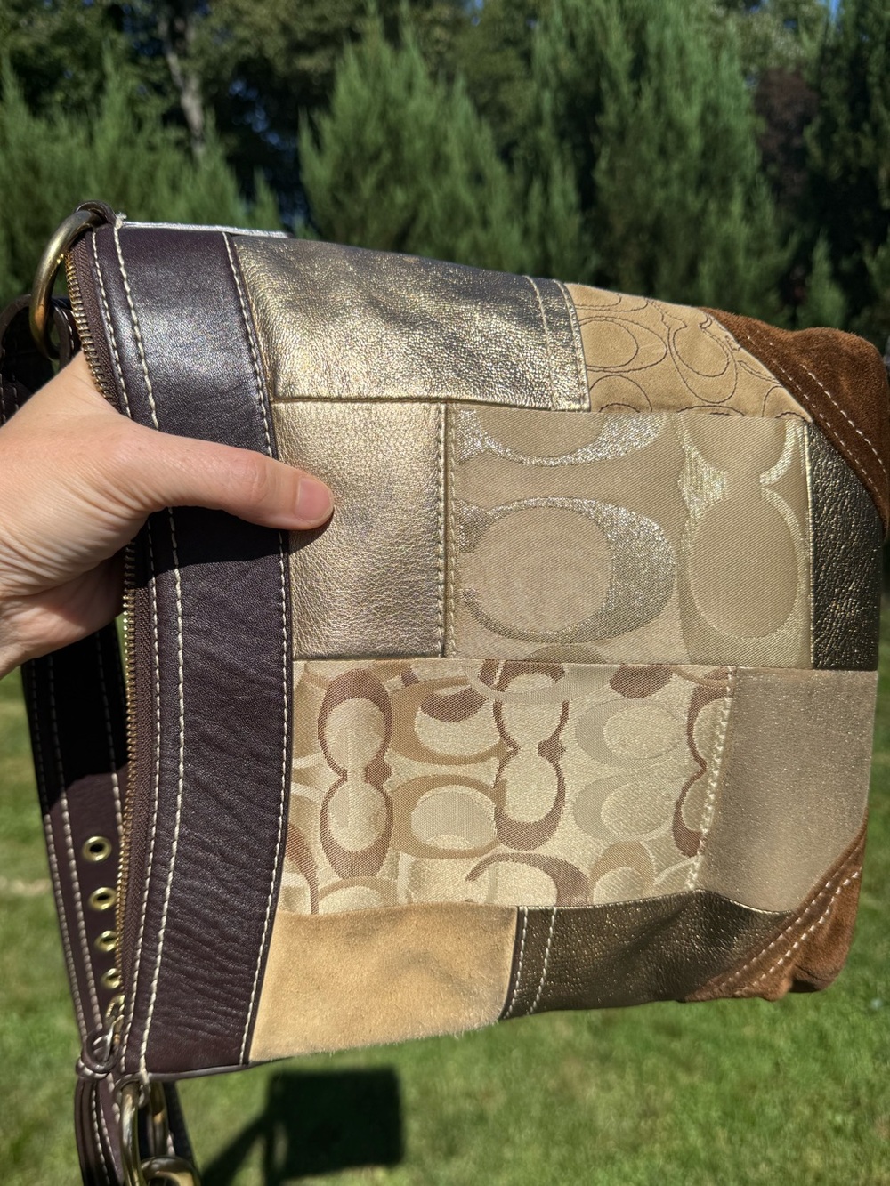 Vintage Y2K Coach Signature Patchwork Gold Brown Hobo Crossbody Bag - Picture 11 of 15
